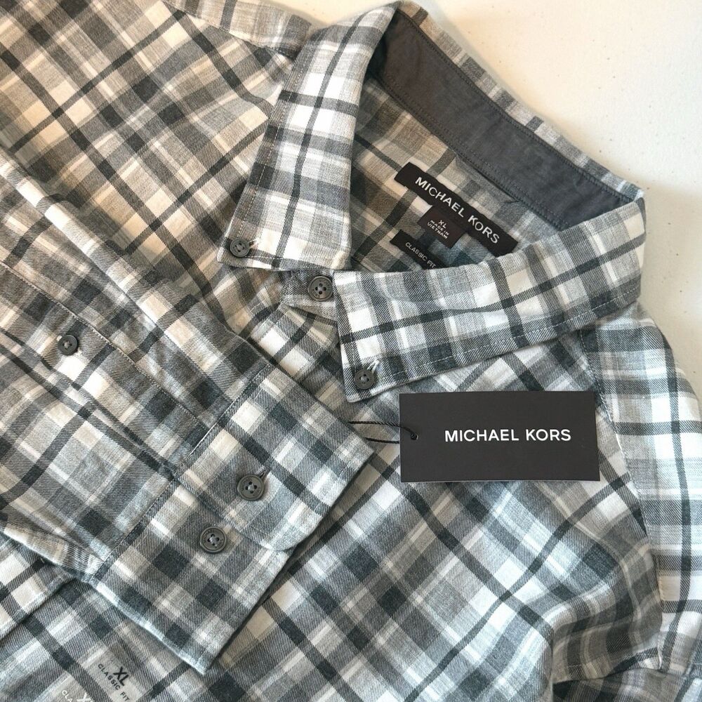 NWT Michael Kors Men's XL Shirt Ash Melange Plaid Classic Fit Button Down Cotton